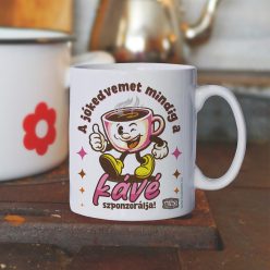   Retro fémbögre - A jókedvemet mindig a kávé szponzorálja - rózsaszín - fehér kerámiabögre 