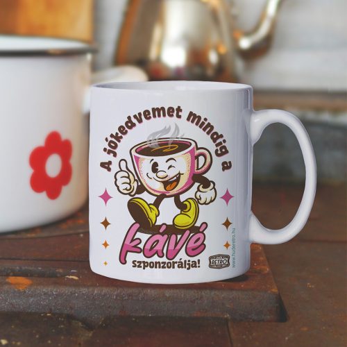 Retro fémbögre - A jókedvemet mindig a kávé szponzorálja - rózsaszín - fehér kerámiabögre 