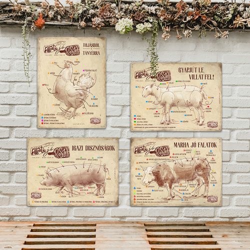 Retro fémtábla csomag - Állati jó részek - barna - 4 DB termék - A3 - 30x40 cm