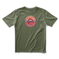    HuDe Retro póló - Ami a műhelyben történik, az a műhelyben is marad - khaki