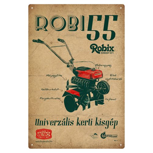 Retro fémtábla - Robi 55 - univerzális kerti kisgép - antik piros - A4 - 20x30 cm  