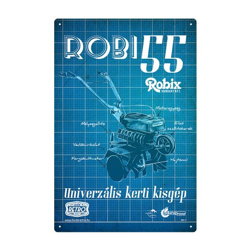 Retro fémtábla - Robi 55 - univerzális kerti kisgép - antik kék - A4 - 20x30 cm  