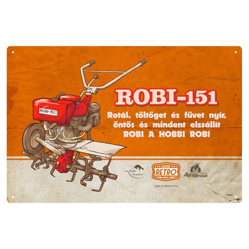 Retro fémtábla - Robi 151 - rotál töltöget és füvet nyír - narancs - A4 - 20x30 cm - PREMIUM