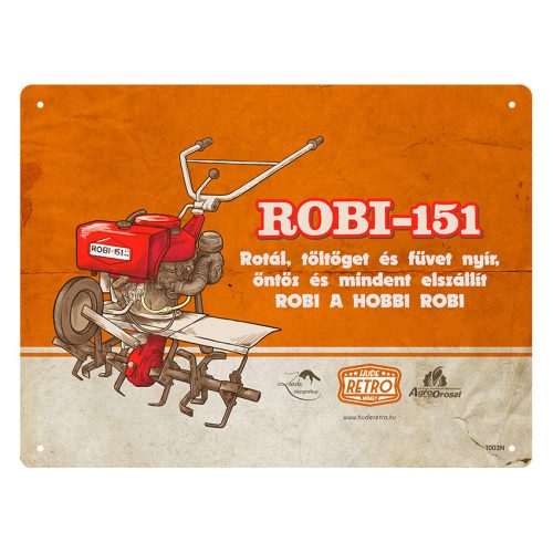 Retro fémtábla - Robi 151 - rotál töltöget és füvet nyír - narancs - A5 - 15x20 cm  