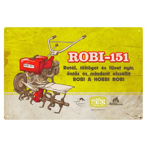 Retro fémtábla - Robi 151 - rotál töltöget és füvet nyír - sárga - A4 - 20x30 cm - PREMIUM