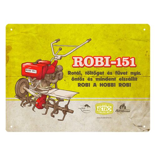 Retro fémtábla - Robi 151 - rotál töltöget és füvet nyír - sárga - A5 - 15x20 cm  
