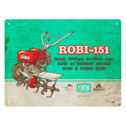 Retro fémtábla - Robi 151 - rotál töltöget és füvet nyír - türkiz - A5 - 15x20 cm  