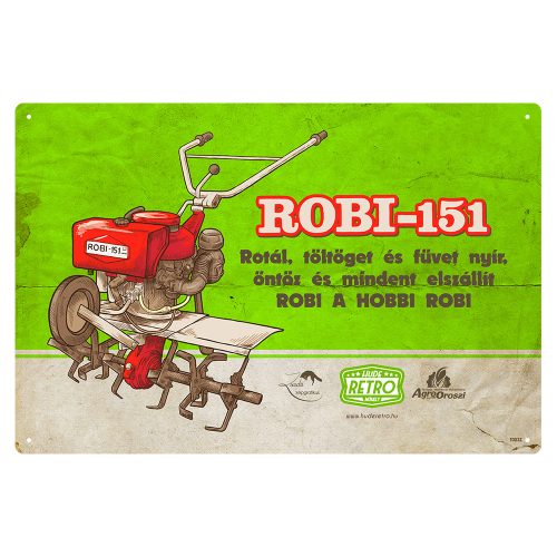 Retro fémtábla - Robi 151 - rotál töltöget és füvet nyír - zöld - A4 - 20x30 cm  
