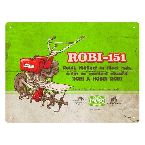 Retro fémtábla - Robi 151 - rotál töltöget és füvet nyír - zöld - A5 - 15x20 cm  