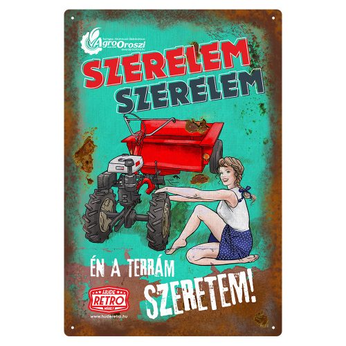 Retro fémtábla - Szerelem-szerelem, Én a terrám szeretem - türkiz - A4 -20x30 cm