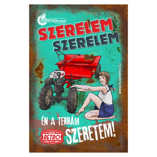 Retro hűtőmágnes - Szerelem-szerelem, Én a terrám szeretem - türlkiz - 6x9 cm