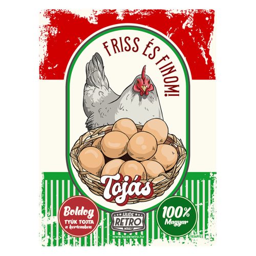 Retro fémtábla - Friss és Finom Tojás - piros - A5 - 15x20 cm