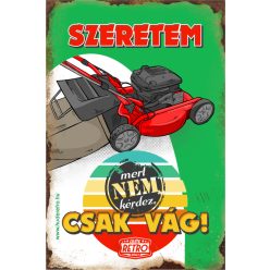   Retro hűtőmágnes - Szeretem, mert nem kérdez, csak vág, fűnyíró - 6x9 cm