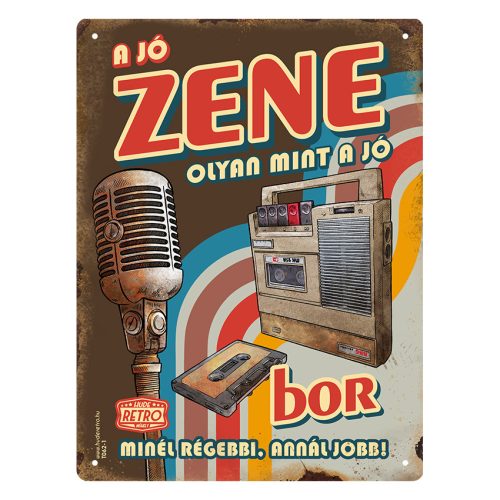 Retro fémtábla - A jó zene olyan mint a jó bor - A5 - barna -  15x20 cm
