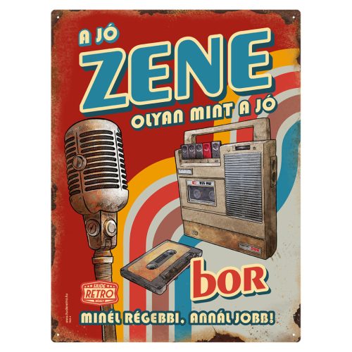 Retro fémtábla - A jó zene olyan mint a jó bor - A3 - piros -  30x40 cm - PREMIUM