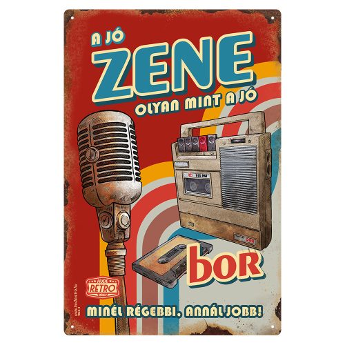 Retro fémtábla - A jó zene olyan mint a jó bor - A4 - piros -  20x30 cm