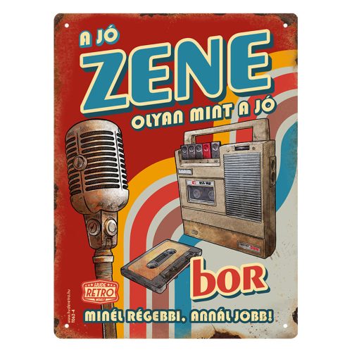 Retro fémtábla - A jó zene olyan mint a jó bor - A5 - piros -  15x20 cm