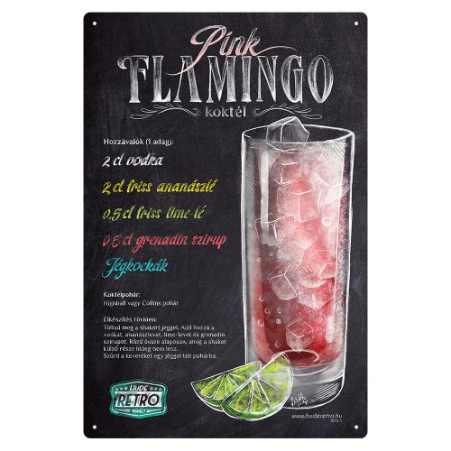 Retro fémtábla - Pink Flamingo koktél - krétastílus - A4 - 20x30 cm - PREMIUM
