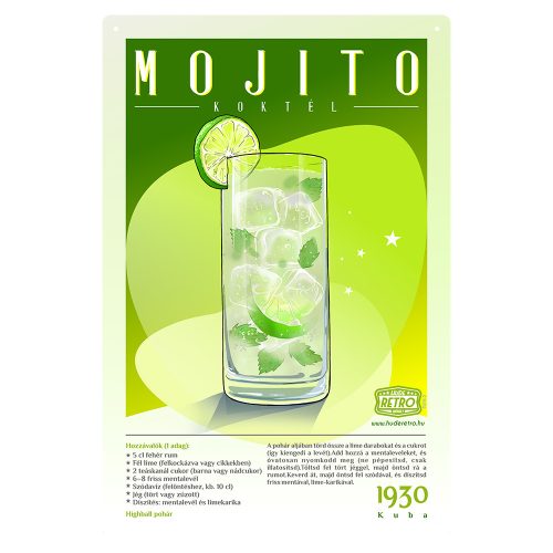 Retro fémtábla - Mojito koktél - krétatábla - SZÍNES A - A4 - 20x30 cm - PREMIUM
