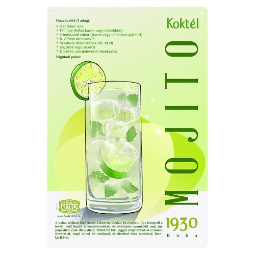 Retro fémtábla - Mojito koktél - krétatábla - SZÍNES B - A4 - 20x30 cm - PREMIUM