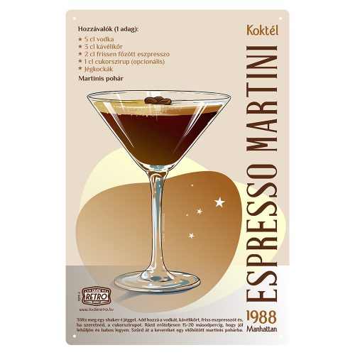 Retro fémtábla -  Espresso Martini koktél - SZÍNES A - A4 - 20x30 cm 