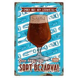   Retro fémtábla - Ember vagy, nem szörnyeteg! Sose hagyj egy sört bezárva! - kék - A4 - 20x30 cm