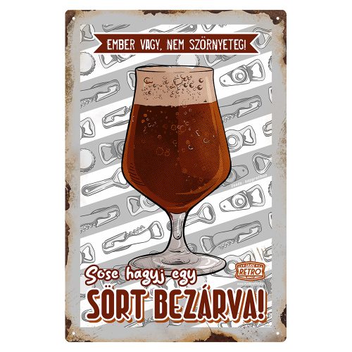 Retro fémtábla - Ember vagy, nem szörnyeteg! Sose hagyj egy sört bezárva! - szürke - A4 - 20x30 cm