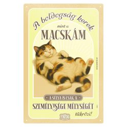   Retro fémtábla - A boldogság kerek, mint a macskám - vörös-fekete-fehér cirmos - sárga - A4 - 20x30 cm