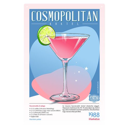 Retro fémtábla - Cosmopolitan koktél -  SZÍNES A- A4 - 20x30 cm 