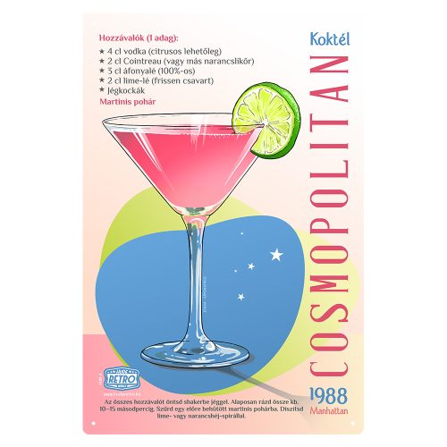 Retro fémtábla - Cosmopolitan koktél -  SZÍNES A- A4 - 20x30 cm 