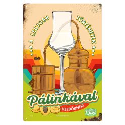   Retro fémtábla - A legjobb történetek pálinkával kezdődnek - zöld - A4 - 20x30 cm 
