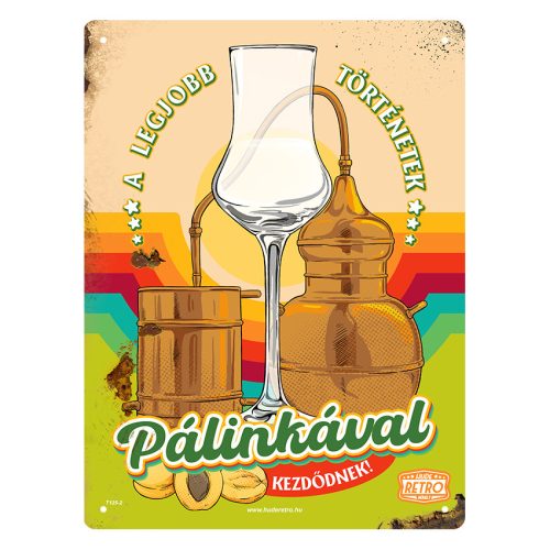 Retro fémtábla - A legjobb történetek pálinkával kezdődnek - zöld - A5 - 15x20 cm 
