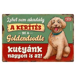   Retro fémtábla - A kerítés lehet nem akadály, a goldendoodle kutyánk viszont nagyon is az! - zöld - A4 - 20x30 cm - PREMIUM