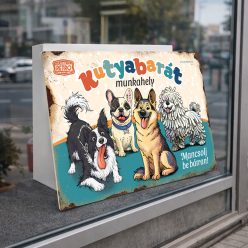   Retro fémtábla - Kutyabarát munkahely - mancsolj be bátran! - kék  - A4 - 20x30 cm 