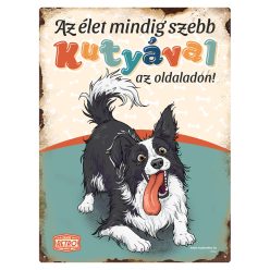   Retro fémtábla - Az élet mindig szebb kutyával az oldaladon! - border collie  - zöld - A4 - 20x30 cm