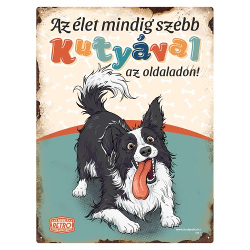 Retro fémtábla - Az élet mindig szebb kutyával az oldaladon! - border collie  - zöld - A4 - 20x30 cm