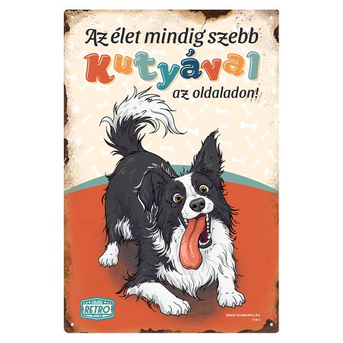 Retro fémtábla - Az élet mindig szebb kutyával az oldaladon! - border collie  - piros  - A4 - 20x30 cm