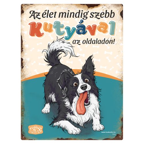 Retro fémtábla - Az élet mindig szebb kutyával az oldaladon! - border collie - kék - A3 - 30x40 cm - PREMIUM