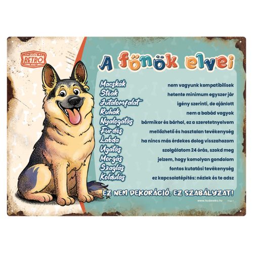 Retro fémtábla - A főnök elvei - németjuhász - zöld - A3 - 30x40 cm - PREMIUM