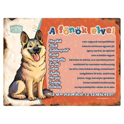 Retro fémtábla - A főnök elvei - németjuhász - piros - A4 - 20x30 cm 