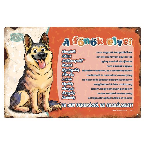 Retro fémtábla - A főnök elvei - németjuhász - piros - A4 - 20x30 cm - PREMIUM