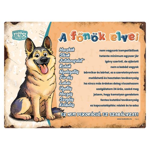 Retro fémtábla - A főnök elvei - németjuhász - narancssárga - A3 - 30x40 cm - PREMIUM