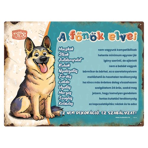 Retro fémtábla - A főnök elvei - németjuhász - kék - A3 - 30x40 cm - PREMIUM