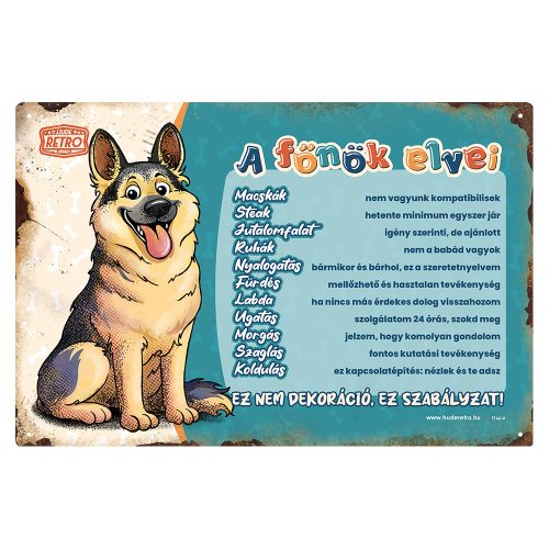 Retro fémtábla - A főnök elvei - németjuhász - kék  - A4 - 20x30 cm 
