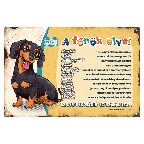 Retro fémtábla - A főnök elvei - tacskó - sárga - A4 - 20x30 cm - PREMIUM
