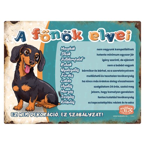 Retro fémtábla - A főnök elvei - tacskó - kék - A3 - 30x40 cm - PREMIUM
