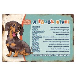   Retro fémtábla - A főnök elvei - harlekin tacskó - zöld - A4 - 20x30 cm 