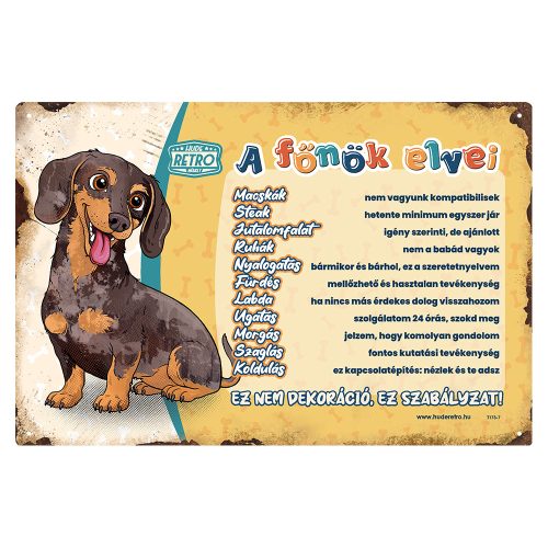 Retro fémtábla - A főnök elvei - harlekin tacskó - sárga - A4 - 20x30 cm - PREMIUM